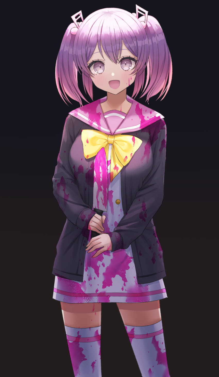 1girl :d blood bloody_clothes bloody_knife bloody_weapon cardigan dress hair_ornament highres holding holding_knife knife long_sleeves musical_note musical_note_hair_ornament open_mouth otonokoji_kanade pink_blood pink_sailor_collar ppakunak purple_hair ribbon sailor_collar sailor_dress smile solo spoilers super_dangan_ronpa_another_2 twintails violet_eyes weapon white_dress yellow_ribbon