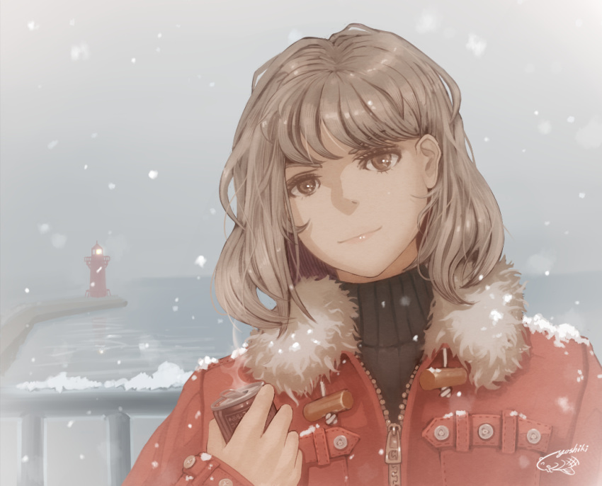 1girl bangs brown_eyes brown_hair can gaimoon grey_sky holding holding_can horizon jacket lighthouse looking_at_viewer original red_jacket short_hair signature smile snow solo steam upper_body