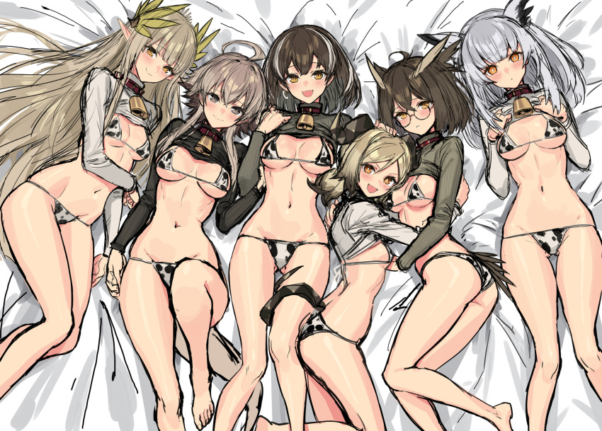 6+girls ahoge animal_print arknights ass_visible_through_thighs bangs barefoot bell bell_collar bikini black_eyes blush breasts bright_pupils brown_eyes brown_hair collar cow_print cowbell glasses head_wings highres horns hug ifrit_(arknights) jewelry light_brown_hair lying magallan_(arknights) mayer_(arknights) medium_breasts muelsyse_(arknights) multicolored_hair multiple_girls navel on_back on_side orange_eyes pointy_ears ptilopsis_(arknights) shirt_lift short_hair short_twintails sidelocks sigm@ silence_(arknights) silver_hair single_earring sketch small_breasts smile streaked_hair swimsuit tail twintails white_pupils