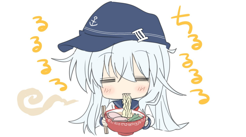 1girl anchor_symbol black_headwear black_sailor_collar bowl chopsticks closed_eyes commentary_request eating flat_cap food hat hibiki_(kantai_collection) hizuki_yayoi kantai_collection long_hair neckerchief noodles ramen red_neckwear sailor_collar school_uniform serafuku silver_hair simple_background solo white_background