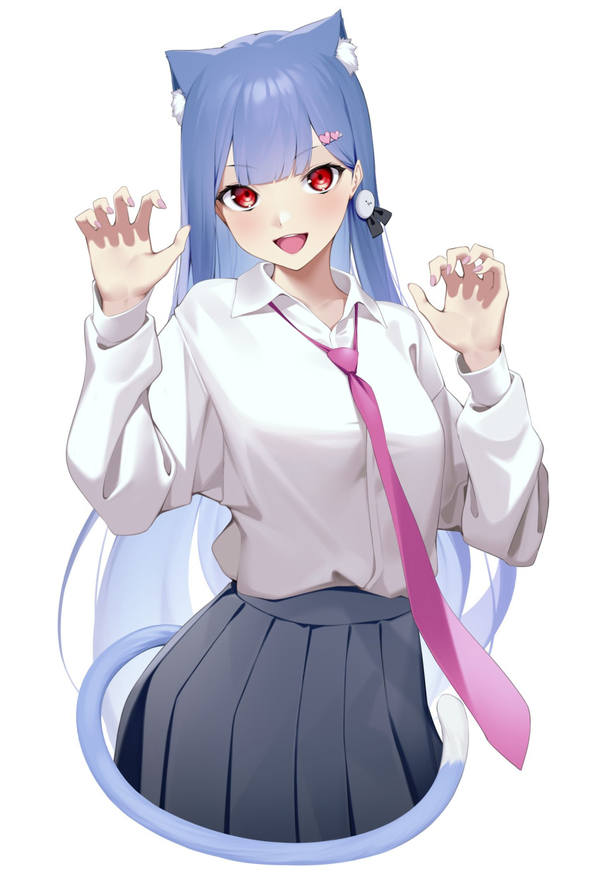 1girl :d animal_ear_fluff animal_ears bangs blue_hair blush breasts cat_ears cat_tail claw_pose collared_shirt commentary_request cowboy_shot cropped_legs eyebrows_visible_through_hair hair_ornament hands_up heart heart_hair_ornament highres kuen_(kuennn12) long_hair long_sleeves looking_at_viewer medium_breasts necktie open_mouth pink_neckwear pleated_skirt plivyou red_eyes shikai_yue shirt shirt_tucked_in simple_background skirt smile solo tail virtual_youtuber white_background white_shirt