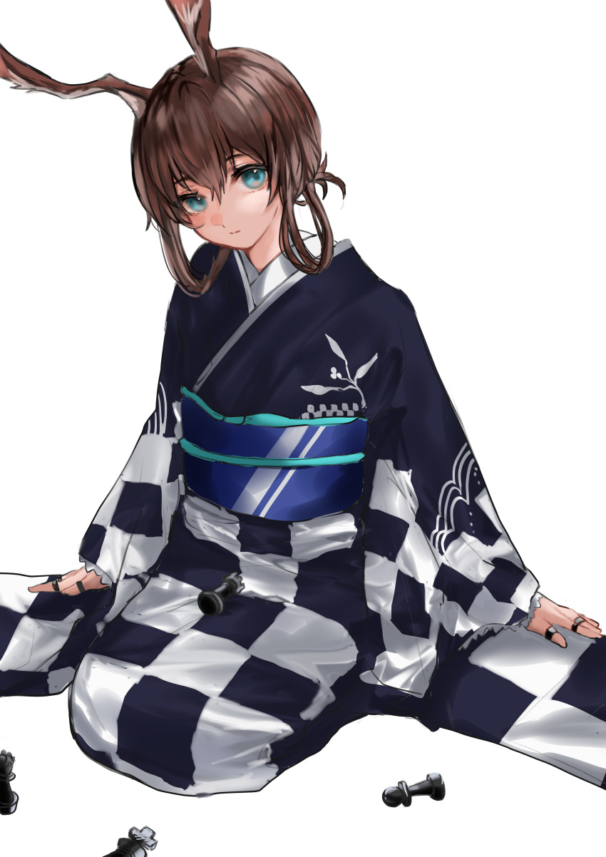 1girl absurdres alternate_costume alternate_hairstyle amiya_(arknights) animal_ears arknights arms_at_sides blue_eyes brown_hair bunny_girl checkered checkered_kimono chess_piece full_body hair_rings highres japanese_clothes jewelry kimono king_(chess) long_sleeves looking_at_viewer maria_(syake-uni) obi pawn_(chess) queen_(chess) rabbit_ears ring rook_(chess) sash seiza short_hair sitting solo