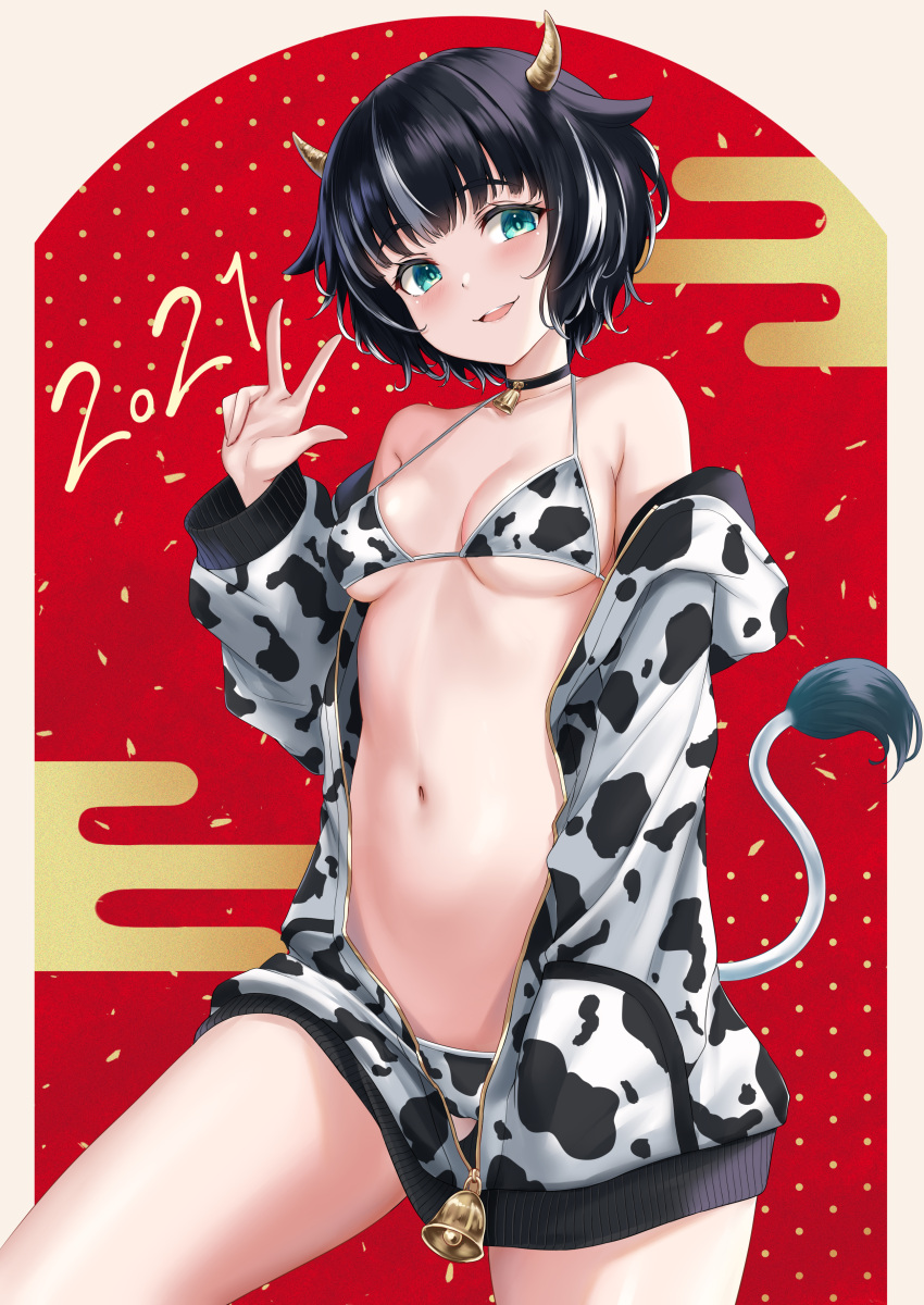 1girl 2021 :d absurdres animal_ears animal_print arm_up bare_shoulders bell bell_collar bikini black_hair blue_eyes breasts collar collarbone cow_ears cow_girl cow_print cow_tail cowboy_shot dress egasumi highres hoodie_dress horns jacket long_sleeves looking_at_viewer medium_breasts mixed-language_commentary multicolored_hair navel off_shoulder open_mouth original rama_(yu-light8) short_hair simple_background single_horn smile solo stomach streaked_hair swimsuit tail two-tone_hair w white_hair