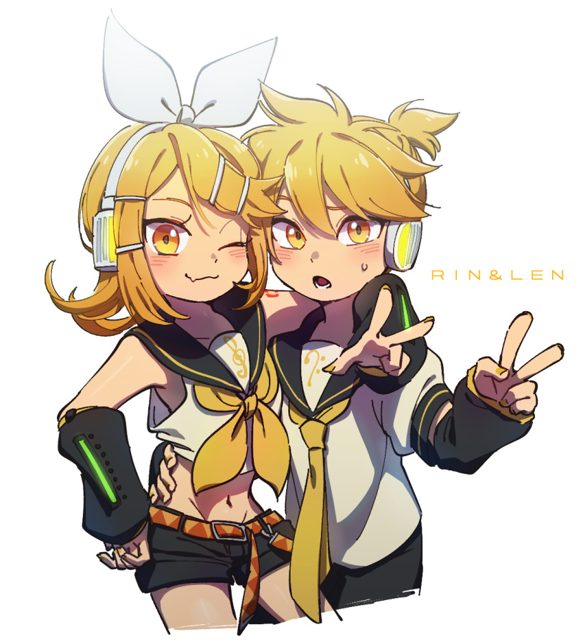 1boy 1girl ;3 arm_around_neck ascot belt blonde_hair blush bow brother_and_sister character_name commentary detached_sleeves fang hair_bow hair_ornament hairclip hand_on_another's_waist hand_on_hip headphones headset highres hug kagamine_len kagamine_rin looking_at_viewer midriff navel necktie nervous number_tattoo one_eye_closed sailor_collar shirt shorts shoulder_tattoo siblings skin_fang sleeveless sleeveless_shirt sweatdrop tattoo treble_clef twins ukata v vocaloid yellow_eyes yellow_nails yellow_neckwear