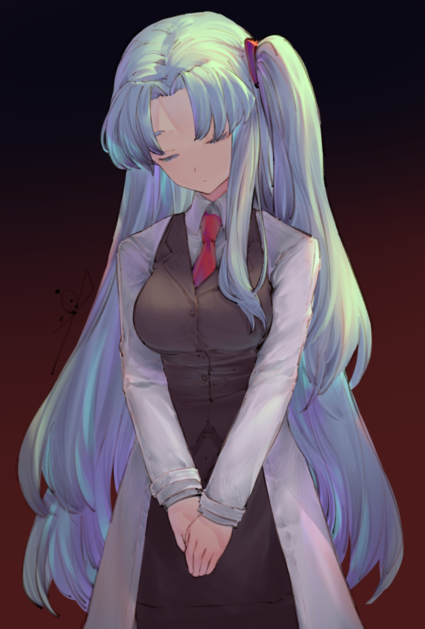 angela_(lobotomy_corporation) bangs black_background black_skirt black_vest breasts closed_eyes closed_mouth collared_shirt commentary_request eyebrows_behind_hair forehead gradient gradient_background head_tilt highres io_(io_oekaki) lobotomy_corporation long_hair medium_breasts necktie one_side_up parted_bangs red_background red_neckwear shirt skirt standing very_long_hair vest white_shirt