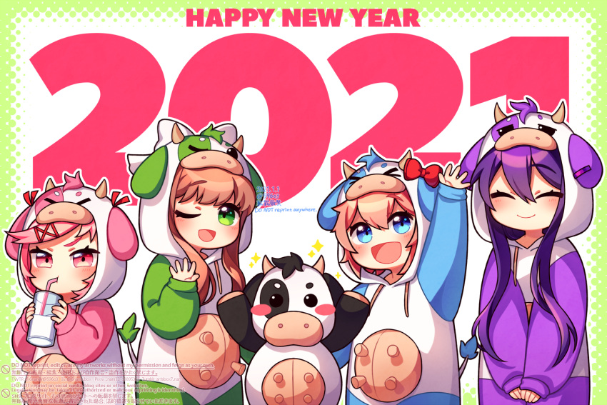 2021 4girls :d ;d ^_^ animal_costume arm_up bangs blue_eyes brown_hair chibi closed_eyes commentary_request cow_costume cup dated doki_doki_literature_club drawstring drinking drinking_glass drinking_straw eyebrows_visible_through_hair facing_viewer green_eyes long_hair looking_at_viewer milk monika_(doki_doki_literature_club) multiple_girls nan_(gokurou) natsuki_(doki_doki_literature_club) new_year one_eye_closed open_mouth pink_eyes pink_hair purple_hair sayori_(doki_doki_literature_club) short_hair sidelocks smile stuffed_cow twitter_username watermark waving yuri_(doki_doki_literature_club)