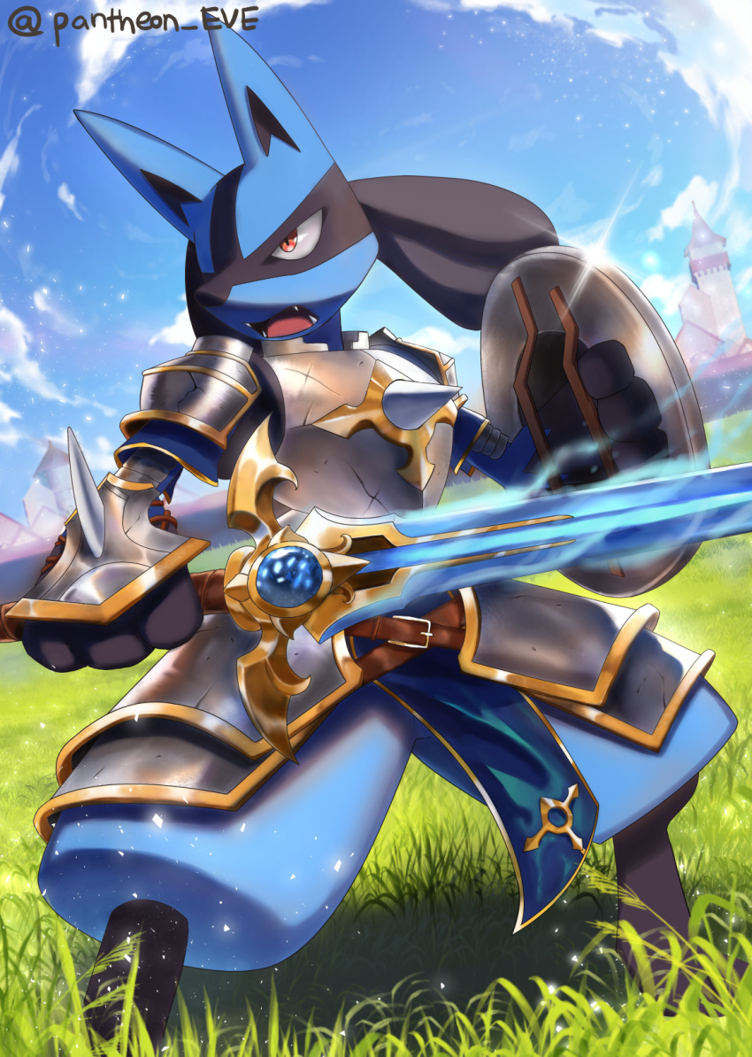 armor artist_name belt building clouds commentary_request day fangs gauntlets gen_4_pokemon glint grass highres holding holding_shield holding_sword holding_weapon legs_apart lucario open_mouth outdoors pantheon_eve pokemon pokemon_(creature) red_eyes shield shiny sky solo spikes standing sword tongue watermark weapon