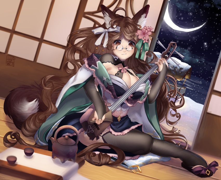 1girl absurdres animal_ears breasts brown_eyes brown_hair cup elbow_gloves eyebrows_visible_through_hair fox_ears fox_girl fox_tail garter_straps gloves highres huge_filesize japanese_clothes kimono lap_pillow large_breasts long_hair looking_at_viewer moon moonlight original pince-nez seiza sitting smile solo tail teacup teapot teeth thick_thighs thigh-highs thighs winter yuuren_kyouko