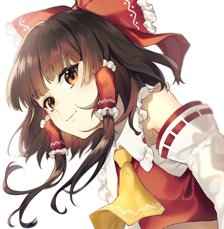 1girl absurdres ascot bow brown_eyes brown_hair closed_eyes collared_vest detached_sleeves eyebrows_visible_through_hair frilled_bow frilled_vest frills hair_bow hair_tubes hakurei_reimu highres jill_07km looking_at_viewer midriff midriff_peek off_shoulder red_bow red_vest short_hair simple_background smile touhou upper_body vest white_background white_sleeves yellow_neckwear