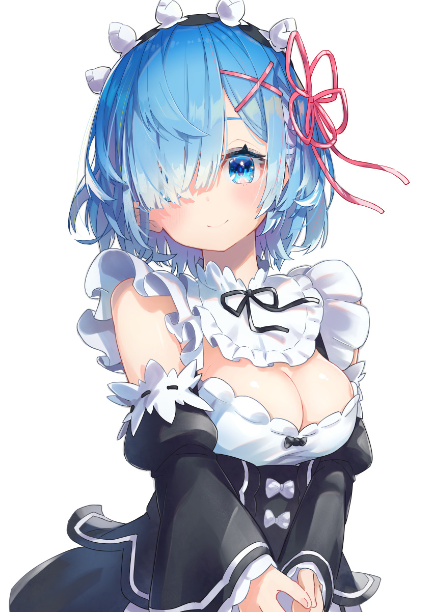 1girl absurdres bangs blue_eyes blue_hair breasts closed_mouth detached_collar detached_sleeves frills hair_ornament hair_over_one_eye hatsuga_(dmaigmai) highres huge_filesize looking_at_viewer maid maid_headdress neck_ribbon puffy_sleeves re:zero_kara_hajimeru_isekai_seikatsu rem_(re:zero) ribbon ribbon_trim roswaal_mansion_maid_uniform short_hair simple_background smile solo upper_body white_background wide_sleeves x_hair_ornament