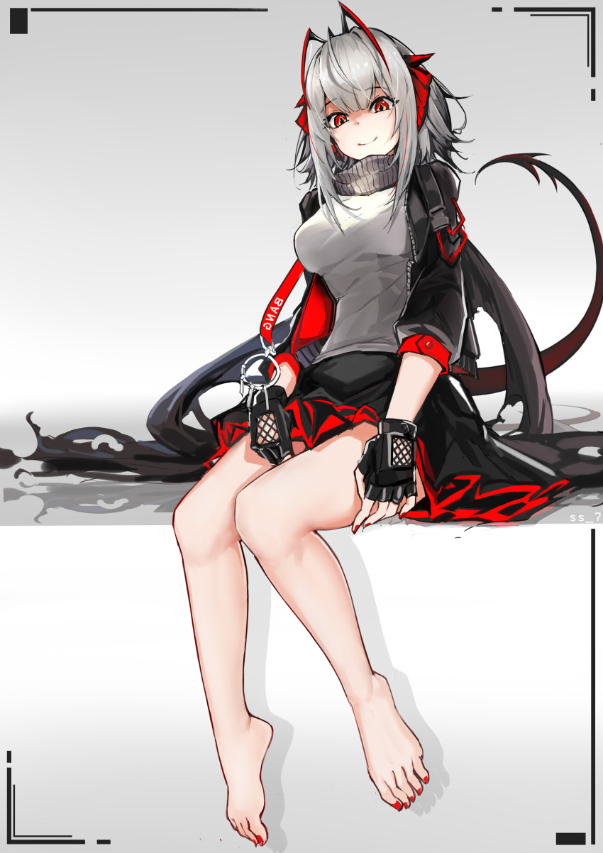 1girl absurdres antennae arknights artist_request bare_legs barefoot black_gloves black_jacket black_scarf black_skirt demon_girl demon_horns demon_tail feet fingerless_gloves full_body gloves grey_scarf grey_shirt highres horns jacket scarf shirt sitting skirt tail toenail_polish toes w_(arknights)