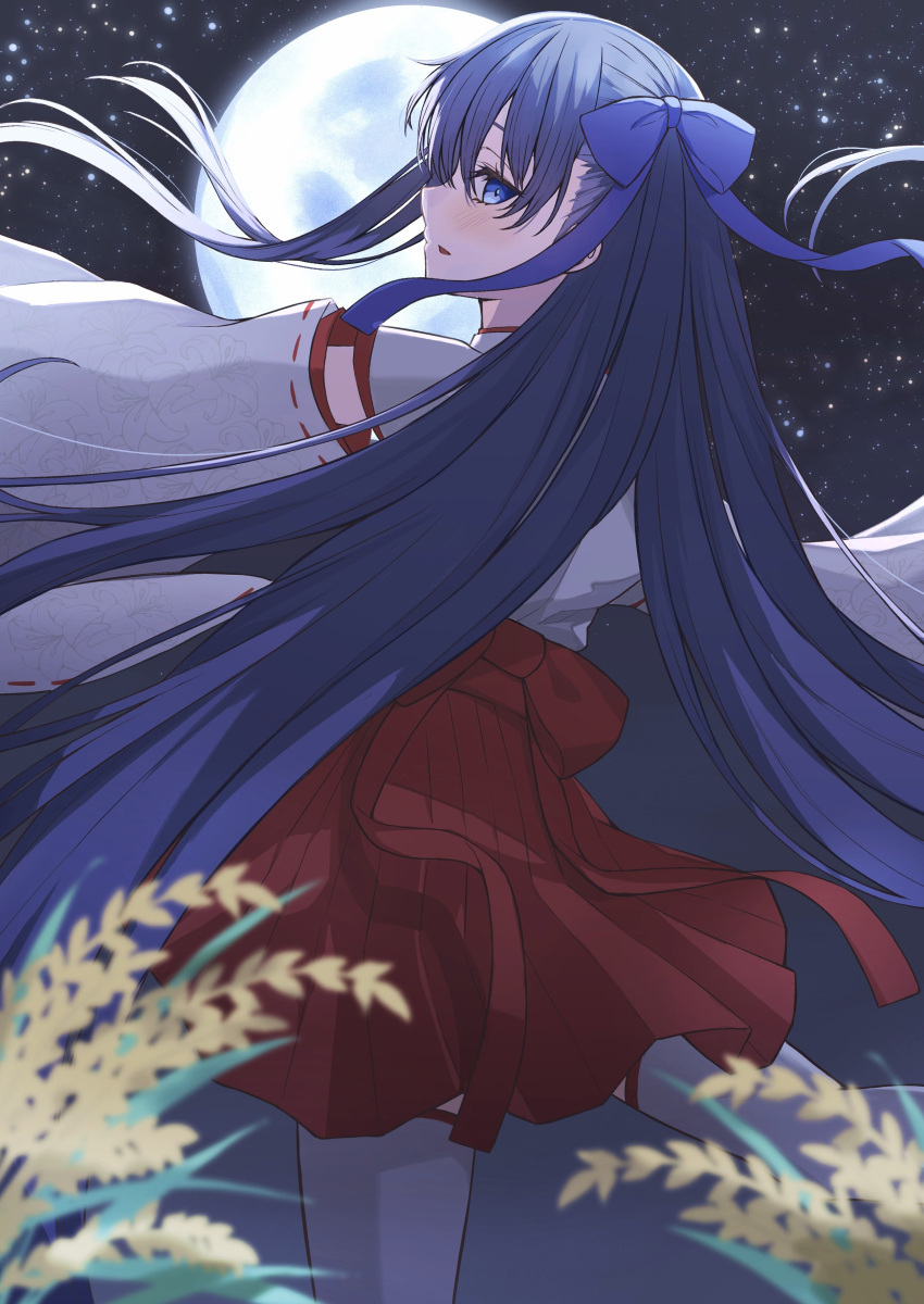 1girl absurdres alternate_costume blue_eyes blush fate/extra fate/extra_ccc fate/grand_order fate_(series) hair_ornament highres japanese_clothes kake_udon long_hair long_sleeves looking_at_viewer meltryllis_(fate) miko moon night purple_hair ribbon skirt sleeves_past_fingers sleeves_past_wrists thigh-highs