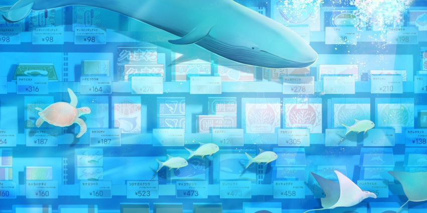 bubble fish highres label manta_ray mu_mashu no_humans original shadow shelf turtle whale