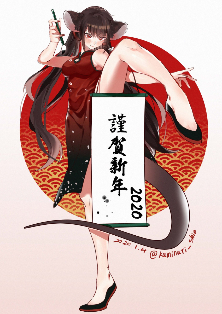 1girl 2020 alternate_costume animal_ears bangs bare_shoulders black_footwear blush breasts brown_hair calligraphy_brush china_dress chinese_clothes commentary dangan_ronpa_(series) dangan_ronpa_v3:_killing_harmony dated dress grey_background hand_up harukawa_maki highres holding leg_up long_hair looking_at_viewer medium_breasts mole mole_under_eye mouse_ears mouse_tail paintbrush red_background red_dress red_eyes red_footwear red_nails shoes sleeveless smile solo standing standing_on_one_leg tail translation_request tuteurfars_shin twitter_username two-tone_footwear very_long_hair