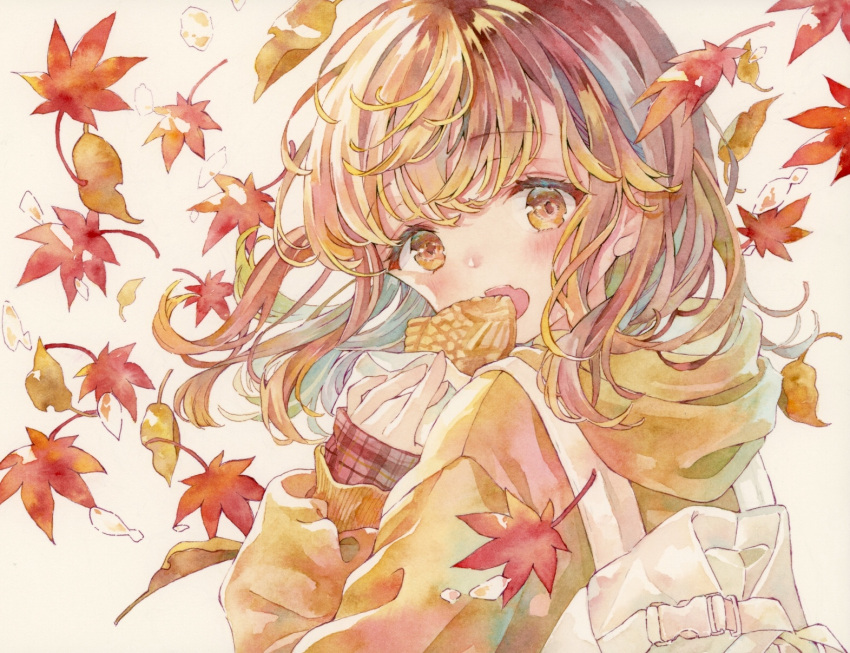 1girl autumn_leaves backpack bag beige_background biting fang food highres holding holding_food hood hood_down hoodie leaf long_sleeves maple_leaf medium_hair open_mouth original plaid skin_fang solo taiyaki traditional_media wagashi watercolor_(medium) yellow_eyes yellow_hoodie yukoring