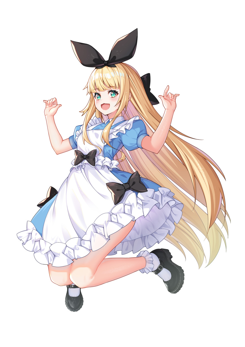1girl 94_(644534209) absurdres alice_in_wonderland apron black_bow blonde_hair blue_dress blue_eyes bow dress hair_bow hairband highres long_hair looking_at_viewer mononobe_alice nijisanji open_mouth puffy_sleeves short_sleeves solo very_long_hair virtual_youtuber