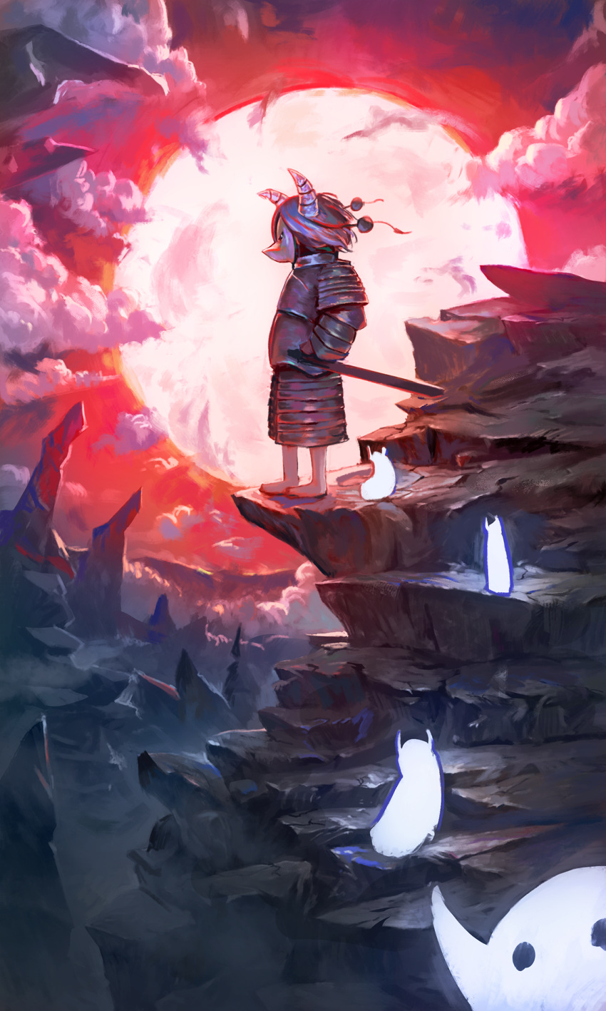 1other armor barefoot blue_eyes breastplate clouds crack creature fjsmu highres horns looking_at_viewer mask medium_hair moon mountain original outdoors pauldrons purple_hair red_sky scabbard sheath shoulder_armor sky standing
