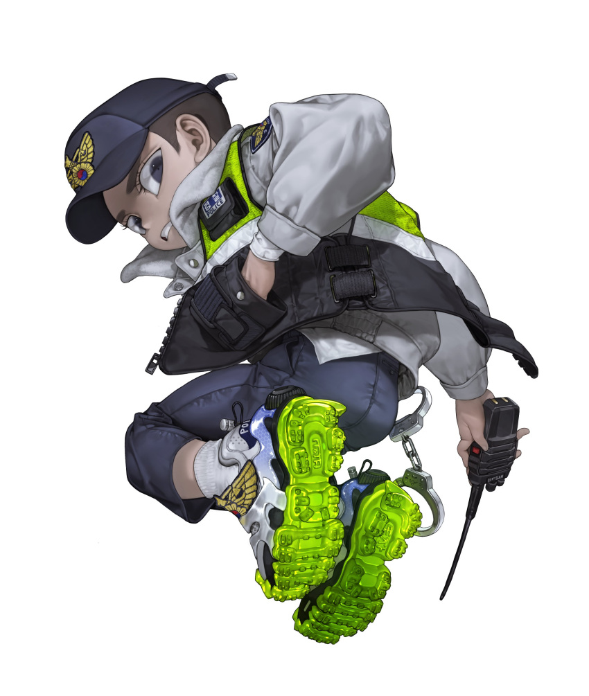 1boy absurdres black_headwear black_pants blue_eyes brown_hair child cuffs from_behind hand_in_pocket handcuffs hat highres jacket long_sleeves looking_at_viewer looking_back original pants parted_lips police police_uniform shoes short_hair simple_background socks solo tto_ja uniform white_background