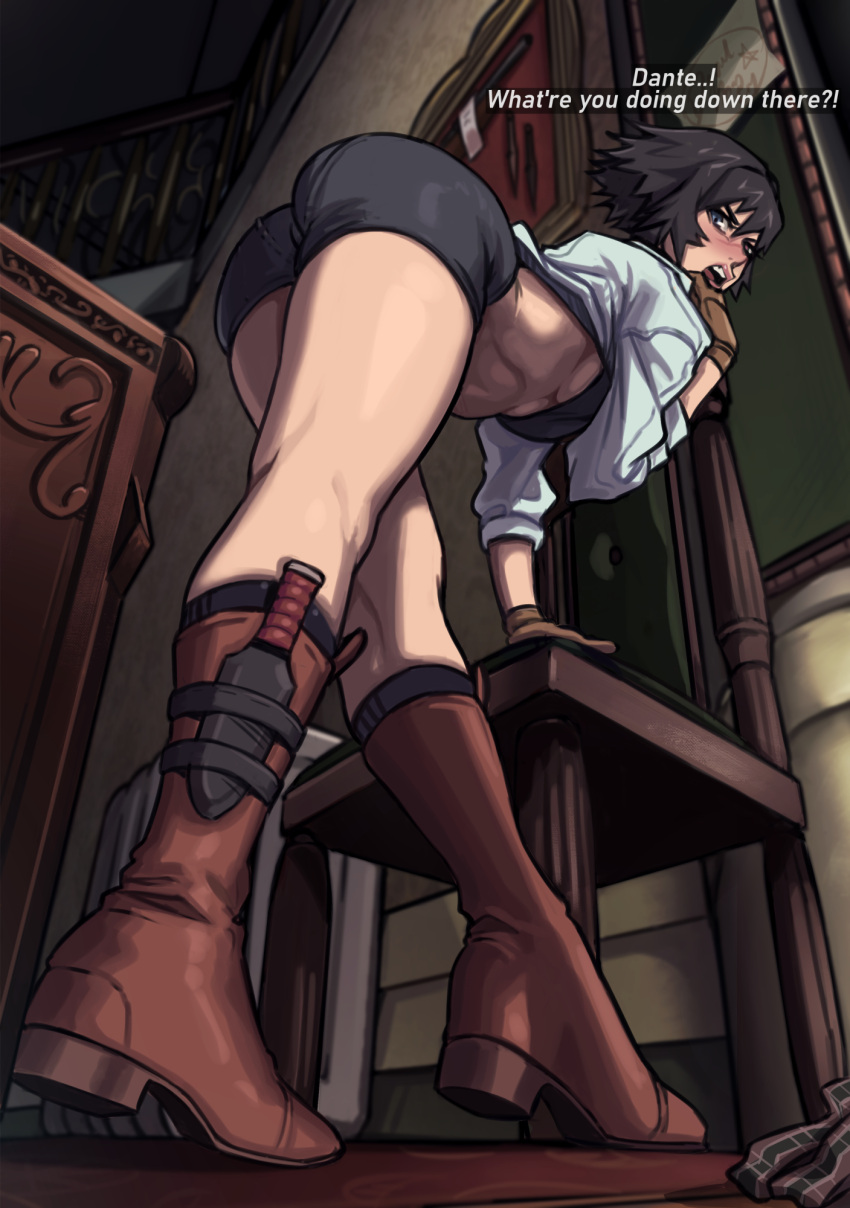 1girl annoyed ass bent_over black_hair boots bra breasts chair dagger desk devil_may_cry devil_may_cry_3 english_text from_below gloves heterochromia highres imdsound lady_(devil_may_cry) looking_at_viewer looking_down open_mouth short_hair short_shorts shorts skirt skirt_removed solo thighs toned under_boob underwear weapon