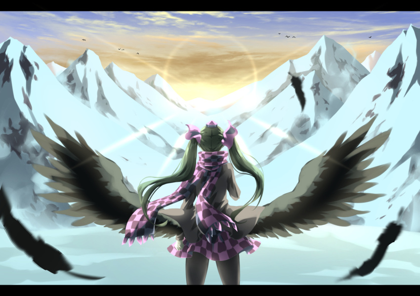 1girl bird bird_wings black_legwear black_wings blue_sky blurry_foreground brown_hair checkered checkered_scarf checkered_skirt clouds day diffraction_spikes facing_away feathered_wings feathers from_behind hair_ribbon hat himekaidou_hatate lens_flare letterboxed mountain otomeza_ryuseigun outdoors pantyhose purple_headwear purple_skirt ribbon scarf scenery skirt sky snow solo standing sunrise tokin_hat touhou two_side_up wide_shot wings winter
