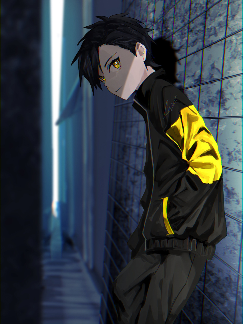 1boy absurdres against_wall alley asagiri_kogen bangs black_hair black_jacket blurry closed_mouth commentary_request ethan_(pokemon) hand_in_pocket highres jacket looking_to_the_side male_focus pants pokemon pokemon_adventures short_hair signature solo standing yellow_eyes