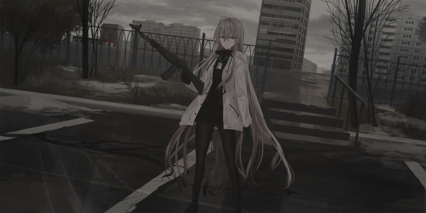 1girl an-94 assault_rifle bangs bare_tree black_footwear black_gloves black_neckwear black_shirt black_shorts boots building chihuri closed_mouth clouds cloudy_sky collared_shirt ear_piercing eyebrows_visible_through_hair fence gloves grey_eyes grey_hair gun hair_between_eyes highres holding holding_gun holding_weapon jacket legwear_under_shorts long_hair long_sleeves looking_at_viewer necktie open_clothes open_jacket original outdoors overcast pantyhose piercing railing rifle ruins shirt short_shorts shorts sky solo stairs standing stone_stairs tree very_long_hair weapon white_jacket zoya_petrovna_vecheslova