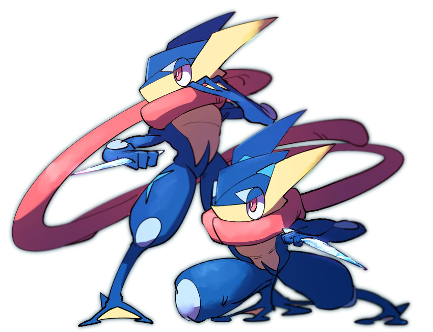 commentary_request gen_6_pokemon greninja highres holding looking_to_the_side morio_(poke_orio) no_humans pink_eyes pokemon pokemon_(creature) squatting standing tongue tongue_scarf weapon