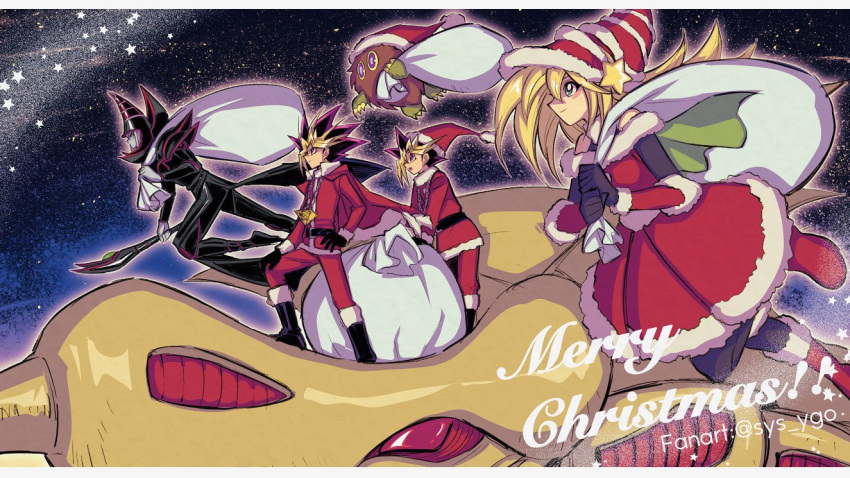 1girl 3boys artist_name black_footwear blonde_hair boots character_request christmas commentary dark_magician dark_magician_girl duel_monster fur-trimmed_footwear fur-trimmed_headwear hat holding jewelry kuriboh long_sleeves merry_christmas millennium_puzzle multicolored_hair multiple_boys mutou_yuugi necklace red_headwear sack santa_costume santa_hat soya_(sys_ygo) spiky_hair staff standing yami_yuugi yu-gi-oh! yu-gi-oh!_duel_monsters