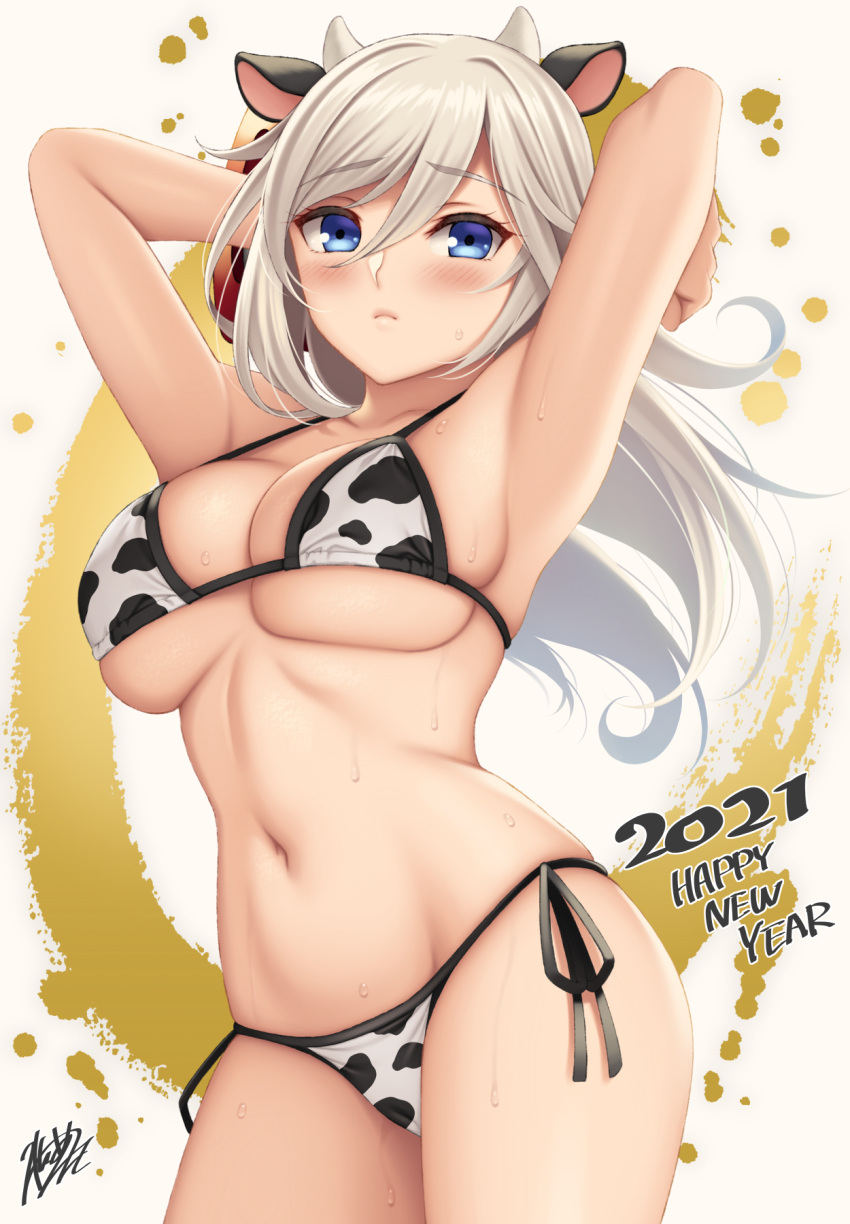 1girl 2021 alisa_ilinichina_amiella animal_ears animal_print armpits arms_behind_head arms_up bangs bare_shoulders bikini black_ribbon blue_eyes blush breasts chinese_zodiac closed_mouth collarbone cow_ears cow_horns cow_print cowboy_shot eyebrows_visible_through_hair frown god_eater hair_between_eyes happy_new_year highres horns large_breasts long_hair navel new_year print_bikini ribbon side-tie_bikini silver_hair skindentation solo stomach sweat swimsuit two-tone_background under_boob watanuki_kaname year_of_the_ox