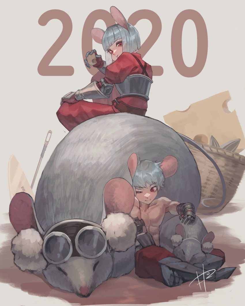 1boy 1girl 2020 animal animal_ears armor basket breastplate cheese chinese_zodiac closed_mouth eating eyebrows_visible_through_hair eyes_visible_through_hair food gauntlets goggles goggles_on_head greaves grey_hair highres holding holding_food looking_at_another makitoshi0316 mouse mouse_ears muscular one_eye_closed original oversized_animal red_eyes seed shirtless short_hair sitting sitting_on_animal sleeping smile vambraces year_of_the_rat
