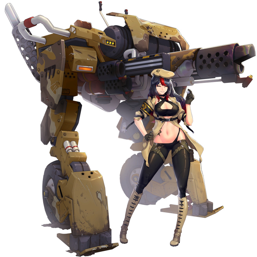 1girl a-15_salamander beret black_hair boots closed_eyes coat full_body grin hat highlights highres last_origin lowleg lowleg_pants mar10 mecha multicolored_hair official_art pants redhead smile solo tachi-e transparent_background two-tone_hair walker