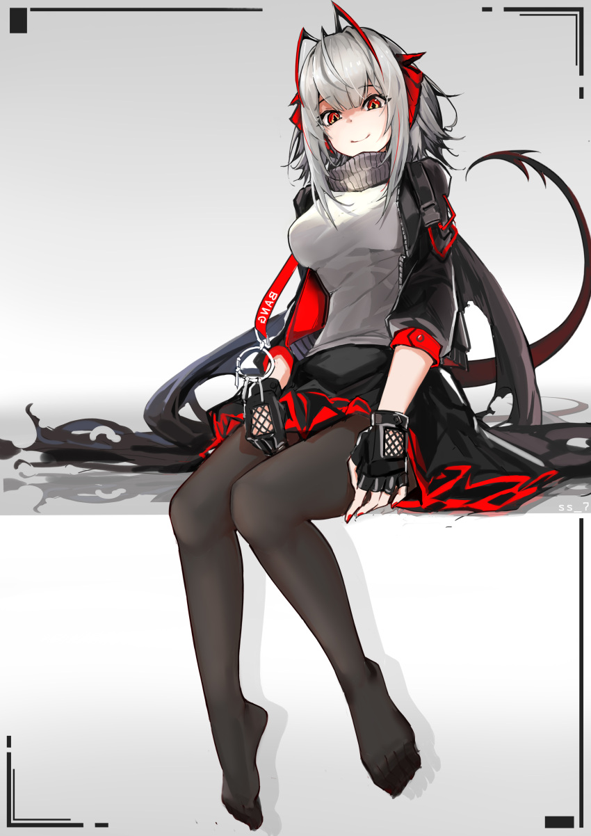 1girl absurdres antennae arknights artist_request black_gloves black_jacket black_legwear black_scarf black_skirt demon_girl demon_horns demon_tail feet fingerless_gloves full_body gloves grey_scarf grey_shirt highres horns jacket open_clothes open_jacket pantyhose red_nails scarf shirt sitting skirt tail thigh-highs w_(arknights)