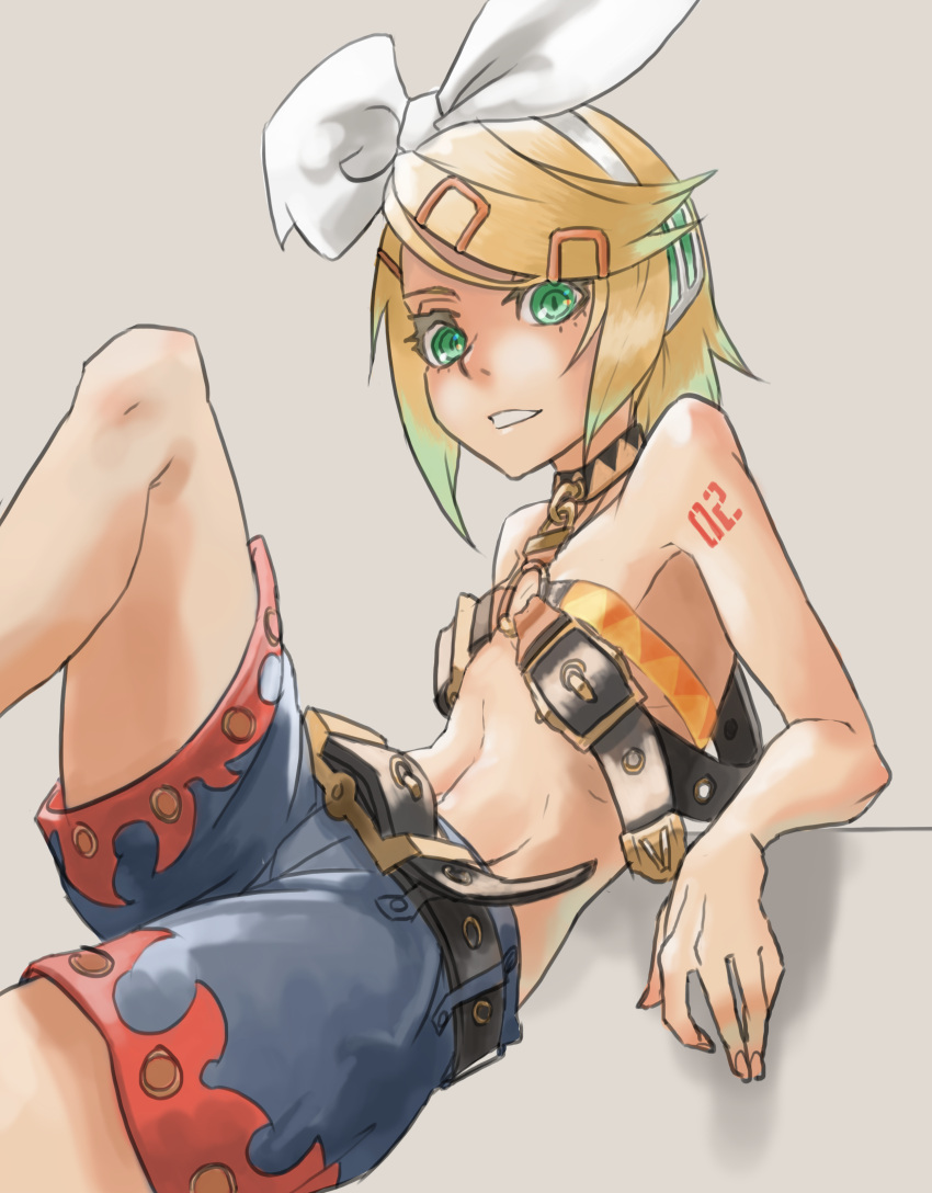 1girl absurdres alternate_costume bare_shoulders beltbra blonde_hair bow breasts buckle choker collarbone elbow_rest flame_print flat_chest folded_leg green_eyes hair_bow hair_ornament hairclip headphones highres kagamine_rin leg_up looking_at_viewer lying navel number_tattoo on_back short_hair shorts shoulder_tattoo sideboob sitting sketch slit_pupils tattoo vocaloid wawon_(wan_wawon)