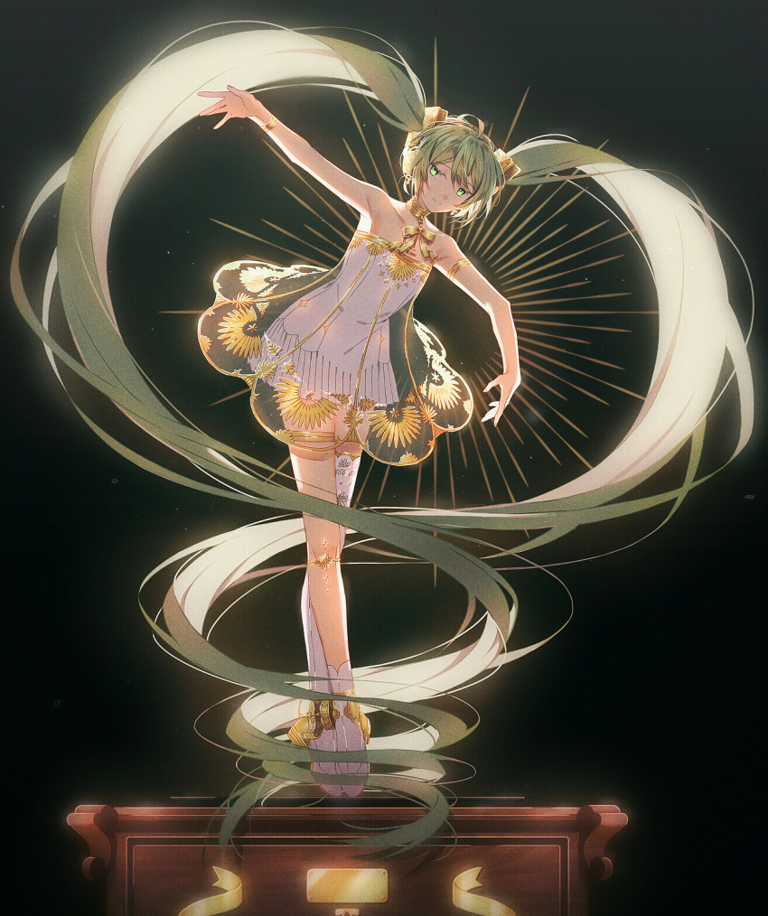 1girl absurdly_long_hair armpits asymmetrical_legwear bangs bare_arms bare_shoulders black_background closed_mouth collarbone commentary_request dress eyebrows_visible_through_hair green_eyes green_hair hair_between_eyes hakusai_(tiahszld) hatsune_miku highres long_hair looking_at_viewer see-through shoes single_sock single_thighhigh smile socks solo strapless strapless_dress thigh-highs twintails very_long_hair vocaloid white_dress white_footwear white_legwear