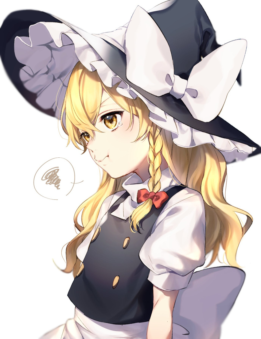 1girl angry apron black_vest blonde_hair bow braid buttons crying crying_with_eyes_open frilled_hat frills hair_bow hat hat_bow highres jill_07km kirisame_marisa long_sleeves pout puffy_sleeves red_bow shirt short_sleeves side_braid single_braid tears touhou upper_body vest waist_apron white_bow white_shirt witch_hat yellow_eyes