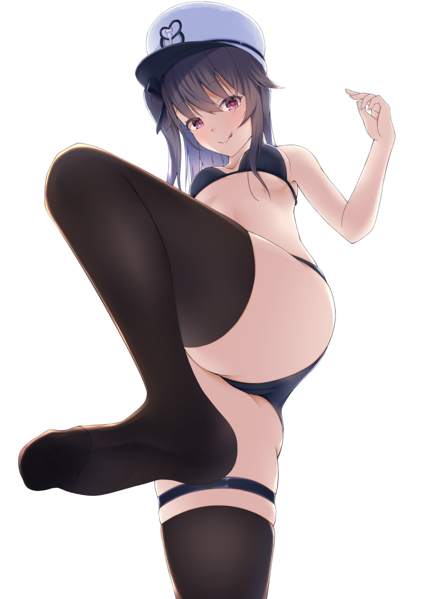 1girl :p ass azur_lane bangs bare_arms bikini black_bikini black_hair black_legwear breasts commentary_request eyebrows_visible_through_hair feet from_below hat highres koko_sokodoko looking_at_viewer medium_hair pamiat_merkuria_(azur_lane) sidelocks simple_background small_breasts smile solo standing standing_on_one_leg swimsuit thigh-highs thigh_strap thighs tongue tongue_out under_boob violet_eyes white_background white_headwear