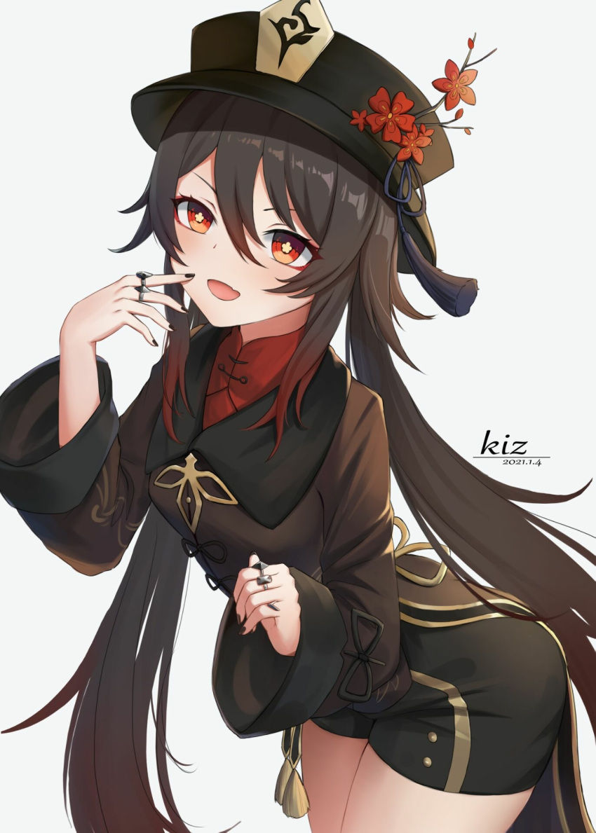 1girl :d black_hair black_headwear black_nails black_shirt black_shorts chinese_clothes cowboy_shot detached_sleeves fang flower genshin_impact hand_up hat hat_flower highres hu_tao jewelry kiz_mk leaning_forward long_hair long_sleeves looking_at_viewer nail_polish open_mouth qing_guanmao red_eyes red_shirt ring shirt short_shorts shorts simple_background smile solo standing star-shaped_pupils star_(symbol) symbol-shaped_pupils tassel thighs turtleneck twintails undershirt very_long_hair waist_cape white_background