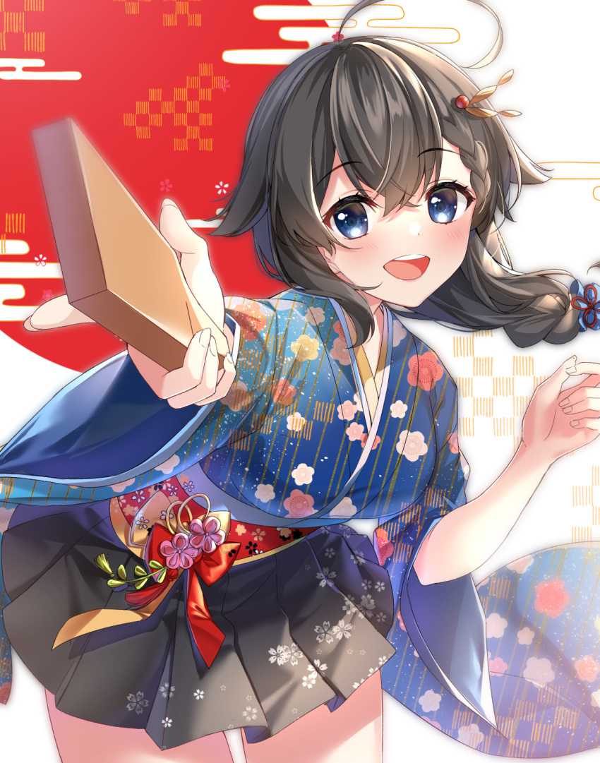 1girl :d ahoge black_hair black_skirt blue_eyes blue_kimono braid cowboy_shot eyebrows_visible_through_hair fingernails hagoita hair_between_eyes hair_flaps highres holding_paddle japanese_clothes kantai_collection kimono long_hair long_sleeves obi open_mouth paddle pleated_skirt rukinya_(nyanko_mogumogu) sash shigure_(kantai_collection) single_braid skirt smile solo wide_sleeves