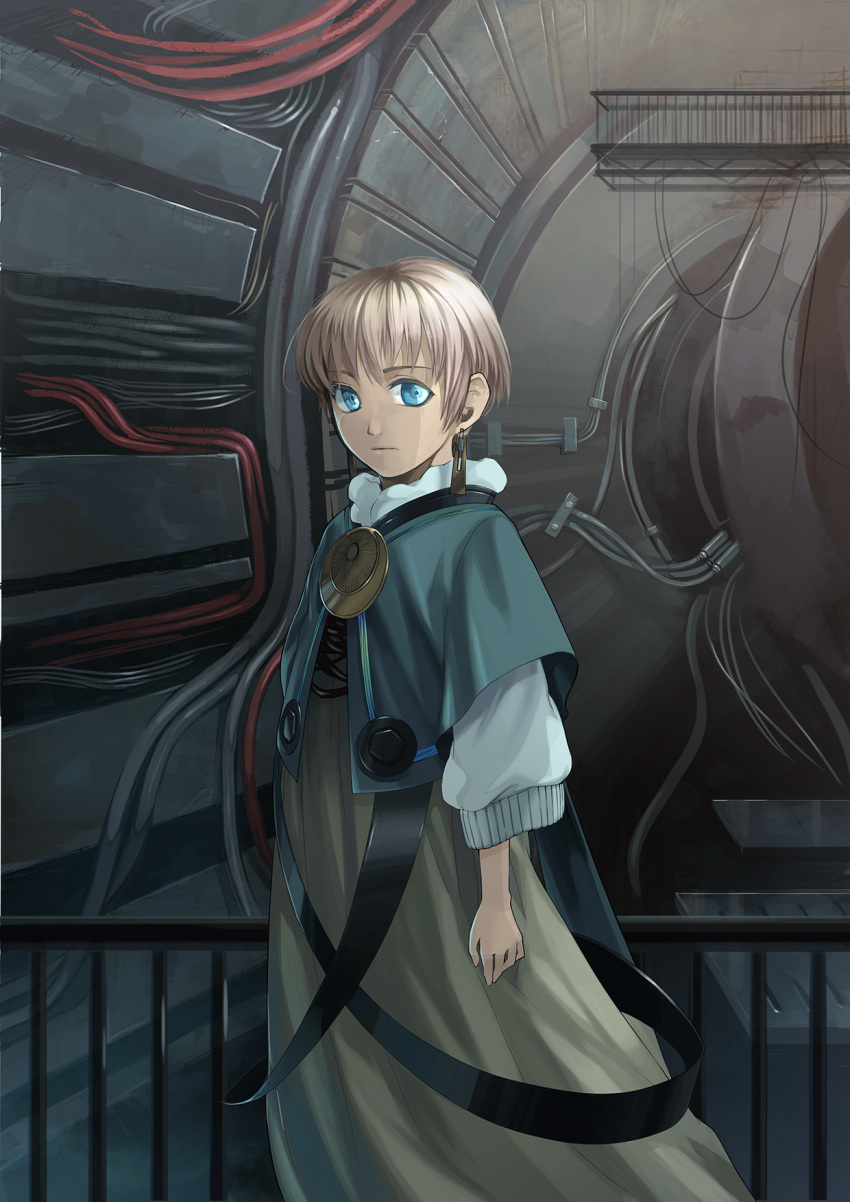 androgynous blue_eyes brown_hair clothing_request earrings highres indoors jewelry looking_at_viewer original ra-ya_hinata railing scenery short_hair solo standing wiring