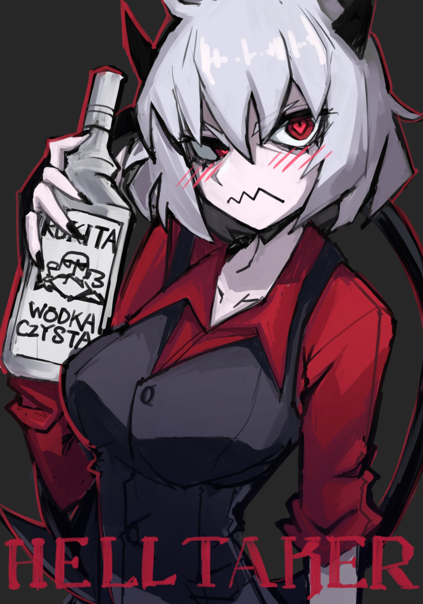 1girl akitsu_(davis0527dx) alcohol annoyed black_horns black_tail black_vest blush bottle breasts demon_girl demon_horns demon_tail english_text formal heart heart_eyes helltaker highres horns looking_at_viewer malina_(helltaker) medium_breasts red_eyes red_shirt shirt sleeves_rolled_up tail upper_body vest vodka white_hair