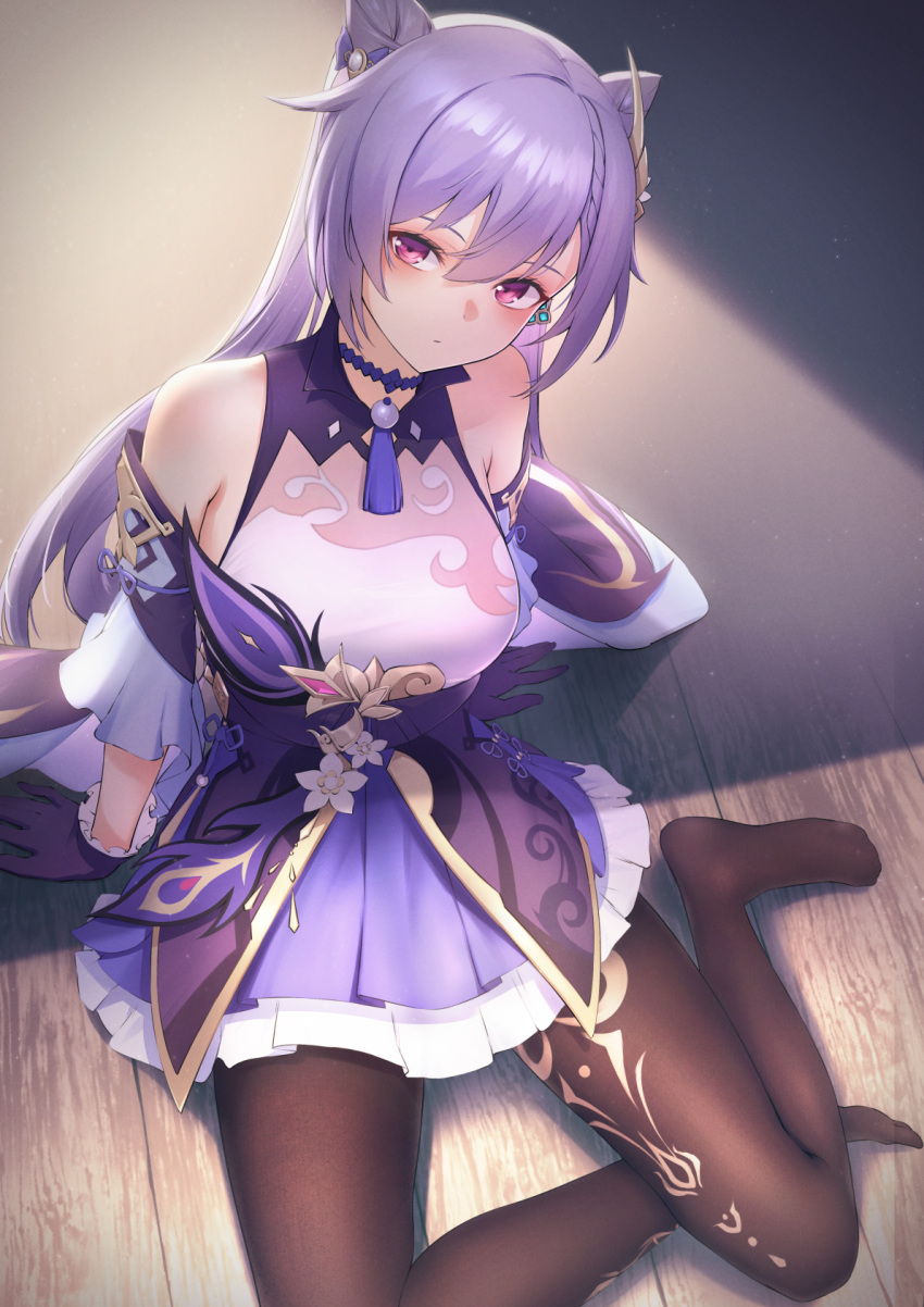 1girl bangs bare_shoulders blush breasts brown_legwear double_bun dress frilled_dress frilled_gloves frills genshin_impact gloves hair_ornament highres itaco keqing_(genshin_impact) large_breasts legs long_hair looking_at_viewer pantyhose purple_dress purple_gloves purple_hair sitting twintails violet_eyes