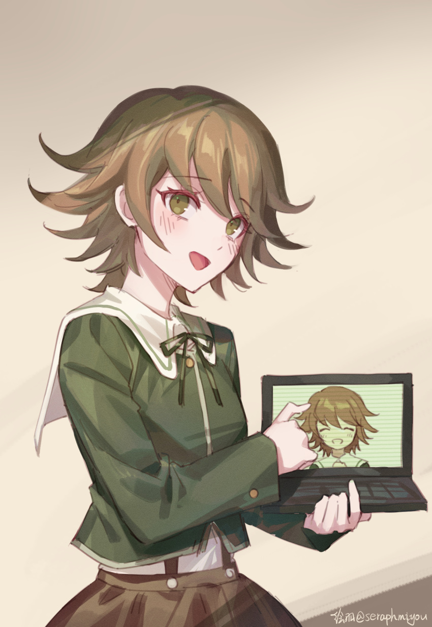 1boy :d alter_ego artist_name bangs beige_background blush brown_eyes brown_hair brown_skirt closed_eyes computer cowboy_shot crossdressinging dangan_ronpa:_trigger_happy_havoc dangan_ronpa_(series) ewa_(seraphhuiyu) fujisaki_chihiro green_shirt grin highres holding holding_laptop laptop long_sleeves looking_at_viewer male_focus open_mouth otoko_no_ko pointing ribbon shirt short_hair skirt smile symbol_commentary