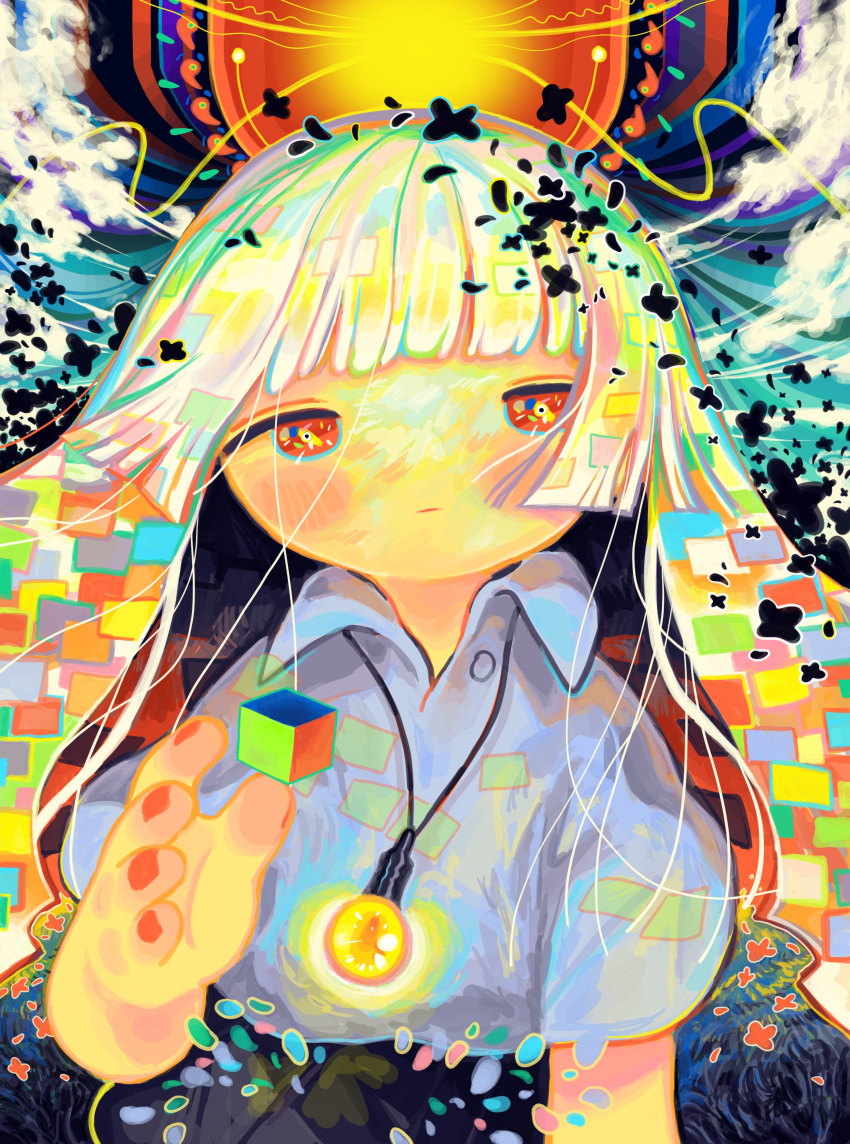 1girl abstract absurdres antennae bangs blunt_bangs blush clouds collared_shirt cube expressionless glowing hand_up highres jewelry looking_at_viewer multicolored_hair necklace original red_eyes red_nails shirt short_sleeves sizucomaru solo upper_body white_shirt