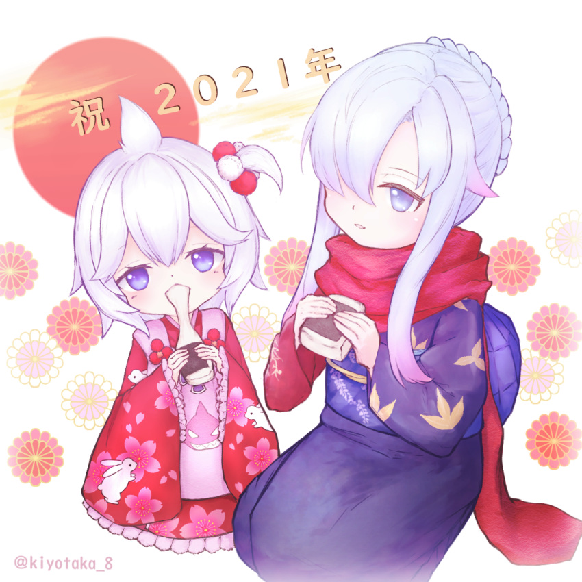 2021 2girls ahoge animal_print azur_lane bangs blue_eyes braid braided_bun bunny_print cherry_blossom_print commentary_request crown_braid eating eyebrows_visible_through_hair floral_background floral_print food_in_mouth frilled_kimono frills full_body hair_between_eyes hair_bobbles hair_ornament hair_over_one_eye holding japanese_clothes kimono kiyotaka looking_at_viewer mochi multicolored_hair multiple_girls obi odin_(azur_lane) odin_(black_strokes_upon_blank_snow)_(azur_lane) official_alternate_costume one_side_up parted_lips purple_kimono purple_sash red_kimono red_scarf redhead sash scarf seiza shark_print short_hair sidelocks silver_hair sitting streaked_hair translation_request twitter_username u-110_(azur_lane) u-110_(new_year_small_shark)_(azur_lane) violet_eyes white_background white_hair wide_sleeves