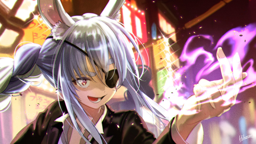 animal_ears braid city_lights cosplay eyepatch formal highres hikosan light_blue_hair majima_gorou majima_gorou_(cosplay) multicolored_hair rabbit_ears ryuu_ga_gotoku ryuu_ga_gotoku_0 suit twin_braids usada_pekora white_hair