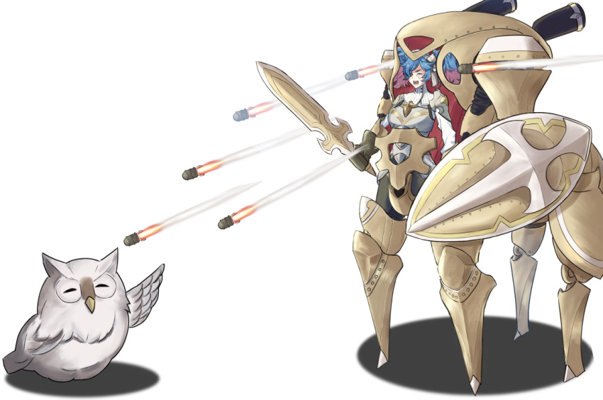 1girl armor bangs bird blue_hair breastplate breasts centauroid closed_eyes commentary_request cosplay exoskeleton eyeshadow fire_emblem fire_emblem_fates fire_emblem_heroes full_body gloves gradient_hair hair_over_one_eye holding holding_shield holding_sword holding_weapon jacket long_hair long_sleeves makeup medium_breasts missile multicolored_hair open_mouth owl pantyhose peri_(fire_emblem) pink_hair reginn_(fire_emblem) reginn_(fire_emblem)_(cosplay) runny_makeup shadow shield shoulder_armor sidelocks simple_background standing sword teeth twintails two-tone_hair vand356 weapon white_background white_jacket