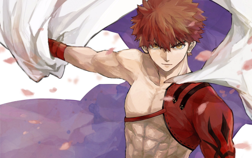 1boy emiya_shirou fate/grand_order fate_(series) highres igote limited/zero_over looking_at_viewer male_focus outstretched_arm petals redhead sengo_muramasa_(fate) shiraishi_(siraisi00) shirtless solo toned toned_male upper_body wristband yellow_eyes