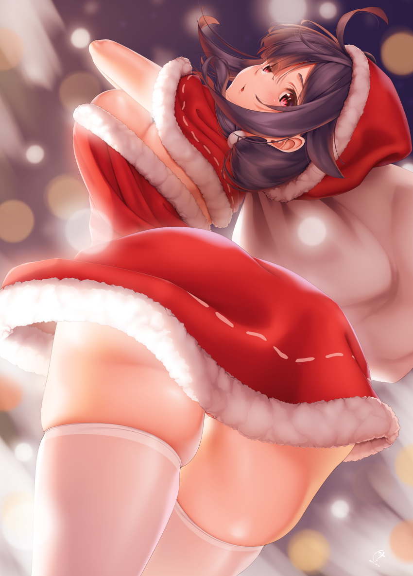 1girl ahoge ass blush breasts christmas closed_mouth dress etsunami_kumita fur_trim hair_between_eyes hair_flaps hat highres kantai_collection large_breasts long_hair over-kneehighs purple_hair red_dress red_eyes ryuuhou_(kantai_collection) sack santa_costume santa_hat solo swimsuit taigei_(kantai_collection) thigh-highs thighs underwear white_legwear