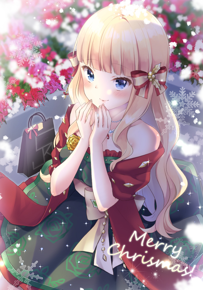 1girl bag bangs bare_shoulders black_dress blonde_hair blue_eyes blunt_bangs blurry blurry_background blush bow breasts christmas closed_mouth commentary_request depth_of_field dress eyebrows_visible_through_hair floral_print flower hair_bow hands_up highres kuune_rin long_hair looking_at_viewer medium_breasts merry_christmas pink_flower princess_connect! princess_connect!_re:dive print_dress red_flower rose rose_print saren_(princess_connect!) shawl smile snowflakes solo striped striped_bow very_long_hair yellow_flower yellow_rose