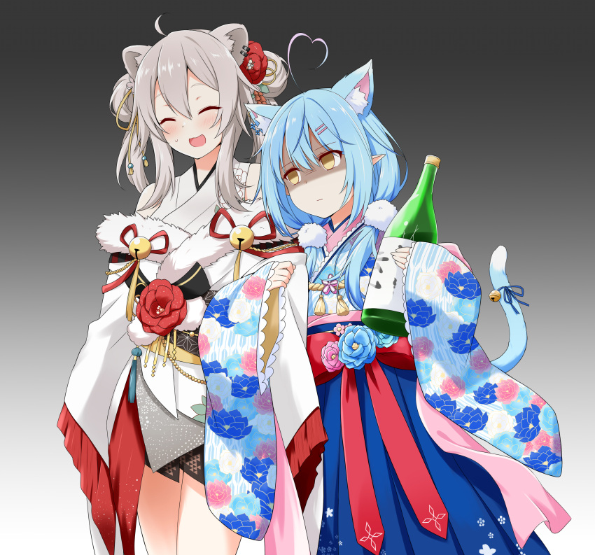 2girls absurdres ahoge animal_ear_fluff animal_ears bare_legs bell blue_hair blue_skirt blush bottle bow breasts cat_ears cat_tail closed_eyes closed_mouth coat commentary cowboy_shot ear_piercing empty_eyes eyebrows_visible_through_hair fang felutiahime floral_print flower furisode glaring gradient gradient_background grey_background grey_kimono hair_between_eyes hair_flower hair_ornament hairclip heart_ahoge highres holding holding_bottle hololive japanese_clothes kemonomimi_mode kimono light_blue_hair lion_ears long_hair looking_at_another medium_breasts multicolored_hair multiple_girls nervous_smile obi open_mouth piercing pointy_ears red_bow ribbon sake_bottle sash shaded_face shishiro_botan short_kimono silver_hair simple_background skirt smile streaked_hair sweatdrop tail tail_bell tail_ornament tail_ribbon thighs twintails two-tone_hair virtual_youtuber white_coat yagasuri yellow_eyes yukihana_lamy